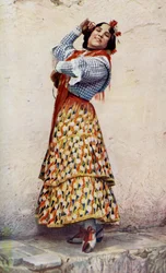 Spain. Granada Gypsy Girl with Blue-Black Hair Dances Divinely. 1920